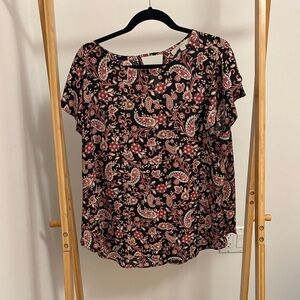 LOFT Black Paisley Floral Short-Sleeve Blouse